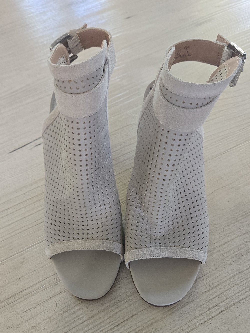 Sam Elelman Peep-Toe Perforated Ankle Booties in Light Gray